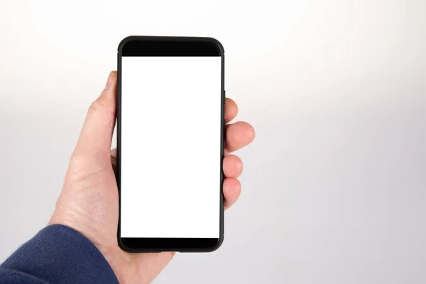 Mão Segurando Celular Smartphone Magro Preto Com Tela Branca Branco — Fotografia de Stock