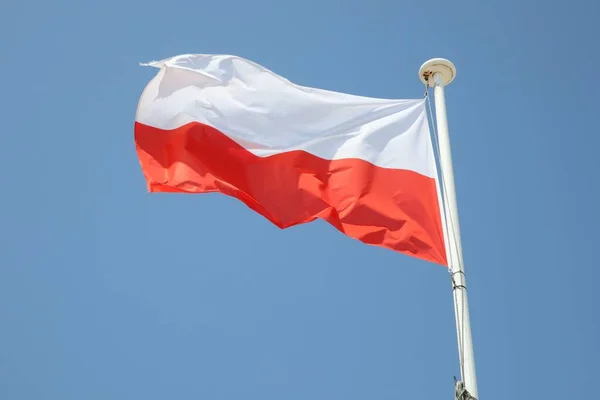 Drapeau Poland Blanc Rouge Sur Mat Dans Vent Ciel Bleu — Photo