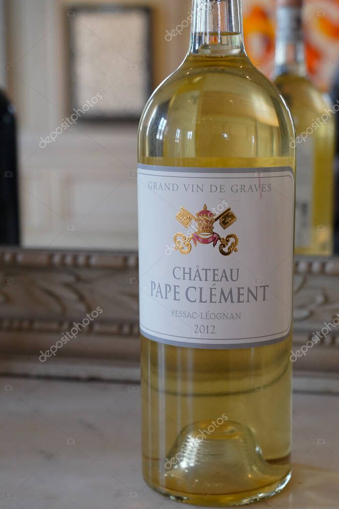 Bordeaux , Aquitaine  France - 02 28 2022 : Chateau Pape Clement text and sign logo on white bootle wine castle famous historical in pessac Bordeaux city France