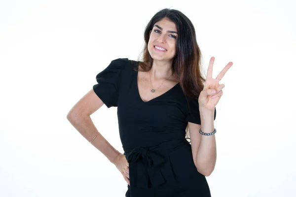 Smiling Young Woman Making Peace Sign Two Fingers Hands Standing — Stock Photo, Image