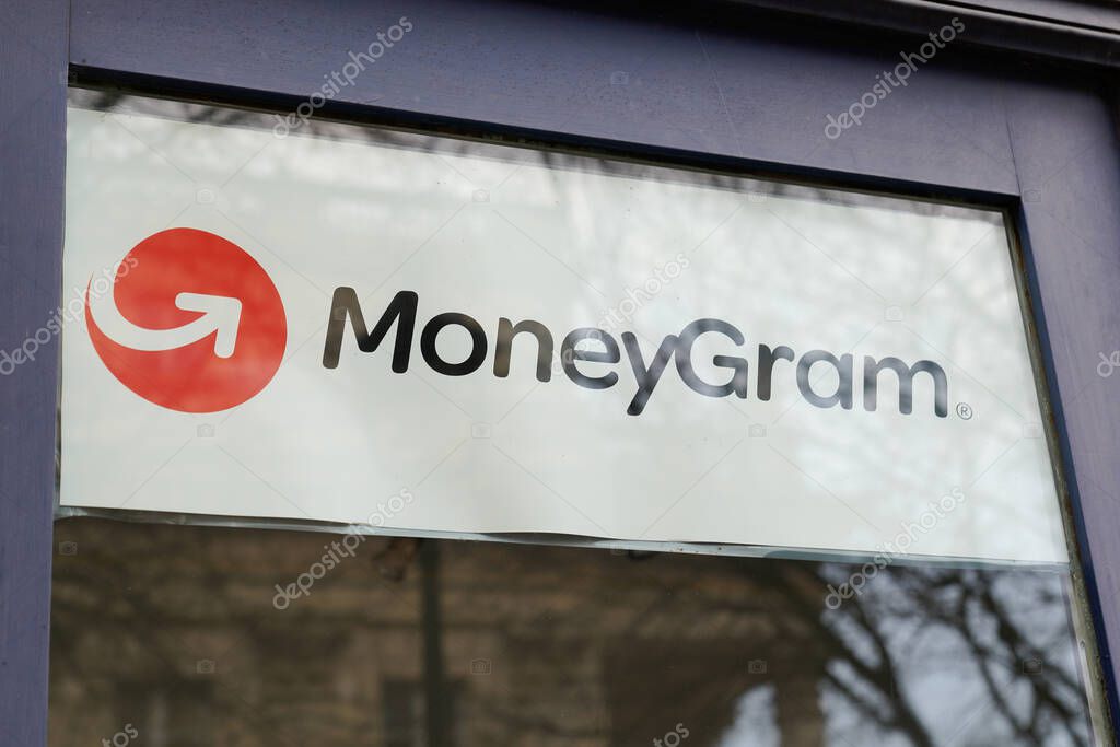 Bordeaux , Aquitaine  France - 03 12 2022 : MoneyGram brand money transfer sign text and logo front windows agency shop service
