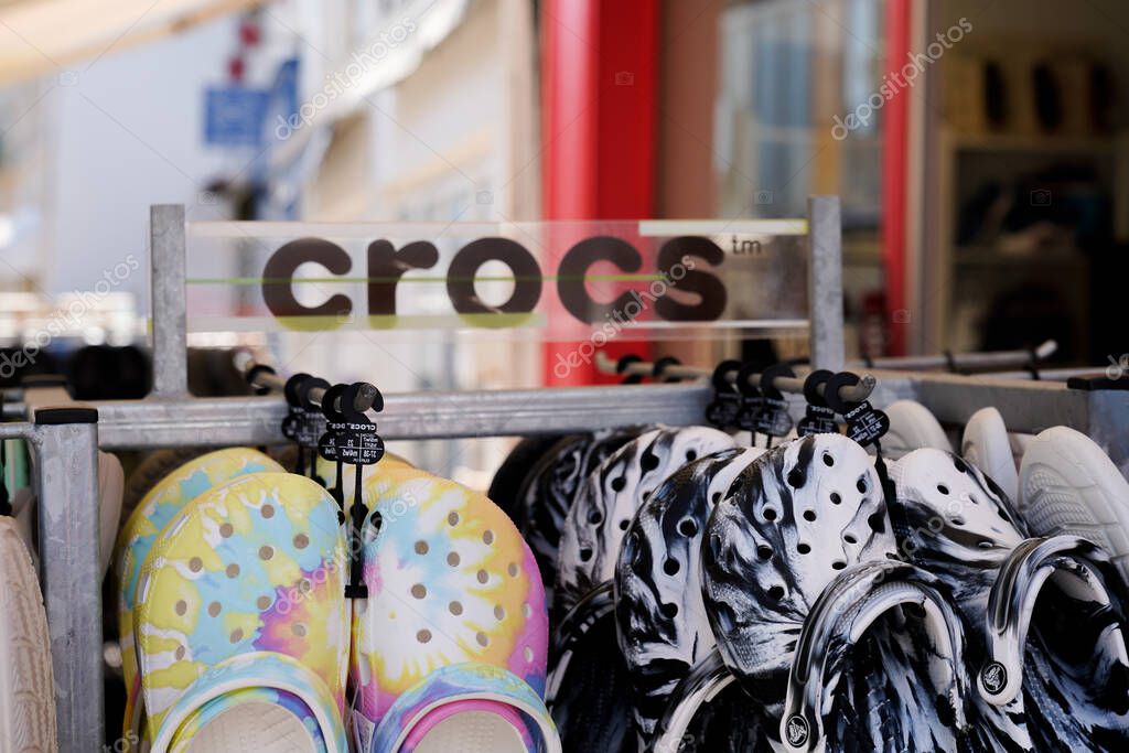 Bordeaux , Aquitaine  France - 03 20 2022 : crocs text sign and logo brand front of American footwear company store manufactured foam clog plastic shoes shop
