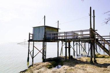 Garonne nehrindeki balıkçılar için ahşap kulübe Saint-Meschers-sur-Gironde Atlantik kıyıları Fransa