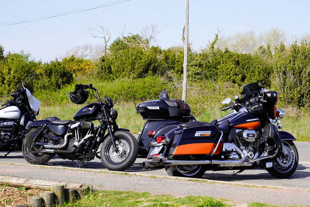 Bordeaux , Aquitaine  France - 04 20 2022 : Harley Davidson bike us motorcycle parked on road side