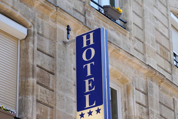 Hotel Sign Text Three Stars Wall Building Facade Entrance French — Stock Photo, Image