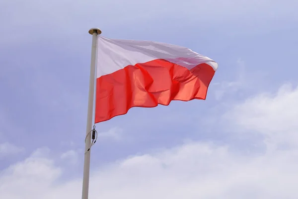 Прапор Польща Польський Державний Прапор Вітровому Килимку Блакитним Хмарним Небом — стокове фото