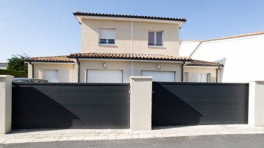street suburb modernhome grey dark metal aluminum double leaf carriage design and sliding house gates