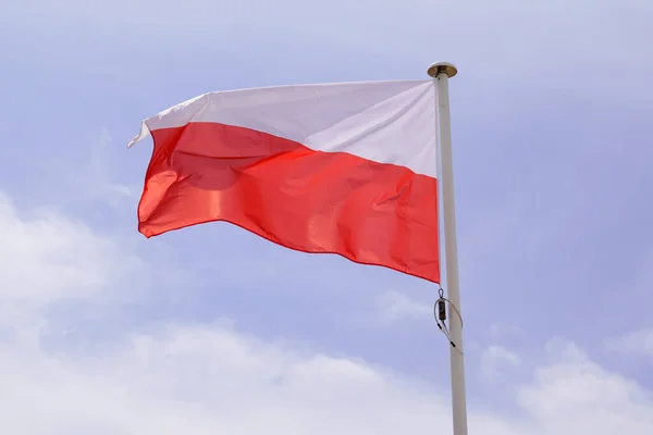 Poland Polish Flag Wave Cloudy Sky — Zdjęcie stockowe