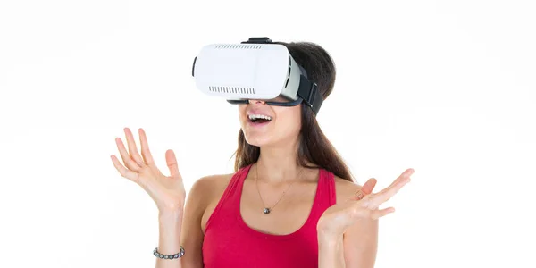 Женщина Метаверсия Виртуальной Реальности Очки Виртуальной Реальности Современные Белом Фоне — стоковое фото