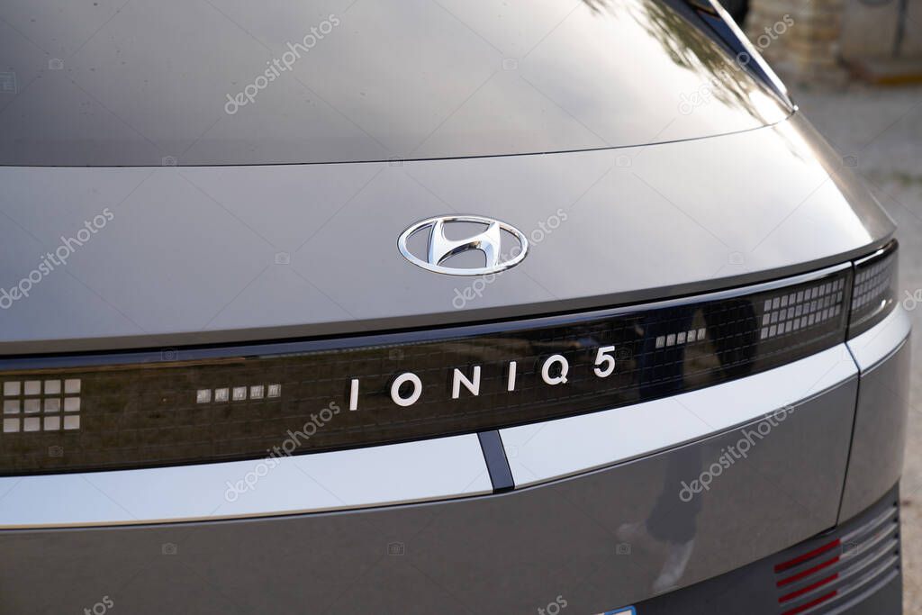 Bordeaux , Aquitaine  France - 05 15 2022 : Hyundai ioniq 5 text sign and logo brand car rear in retailer showroom