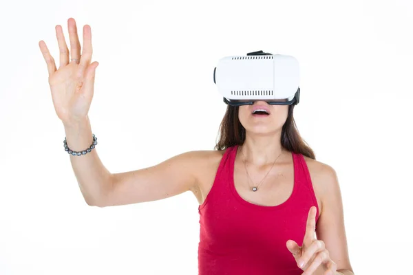Frau Metaverse Tragen Brille Virtual Reality Headset Modernes Konzept Hände — Stockfoto