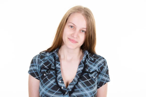 Alegre Jovem Mulher Retrato Menina Cabelo Longo Loira Olhos Azuis — Fotografia de Stock