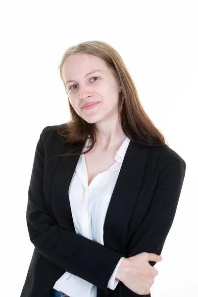 Fiatal Business Woman Álló Fehér Háttér Hajtogatott Keresztbe Karok — Stock Fotó