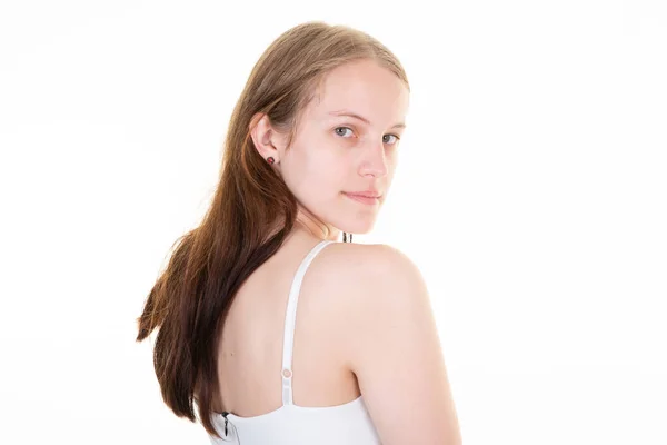 Frau Junge Hübsche Blondine Schlank Sexy Posiert Studio Porträt Weißem — Stockfoto