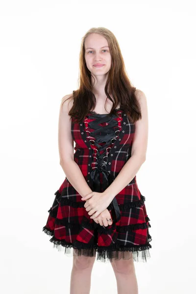 Happy Smile Beautiful Woman Retro Scottish Checkered Red Dress Posing — Stock Photo, Image
