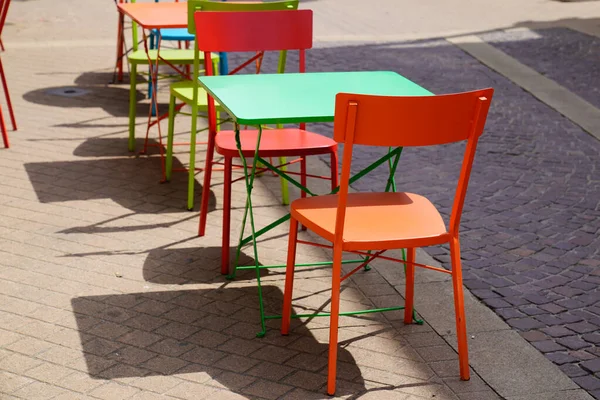 Outdoor Steel Table Chair Seat Orange Green Yellow City Street — Stock Photo, Image