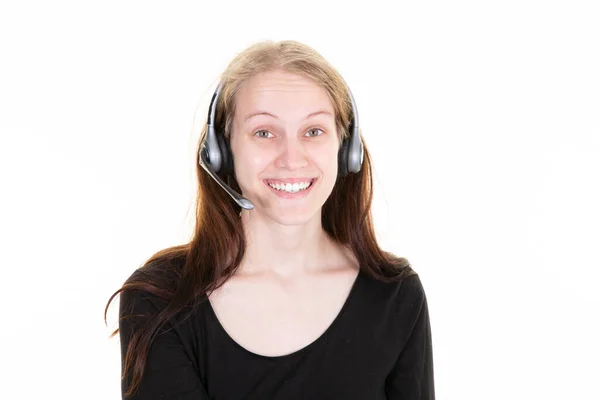 Frauenporträt Von Lächelnden Fröhlichen Jungen Support Telefonanbieter Headset Isoliert Über — Stockfoto