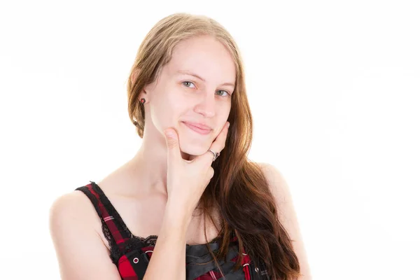 Bella Giovane Donna Bionda Con Mano Sotto Mento Felice Sorridente — Foto Stock