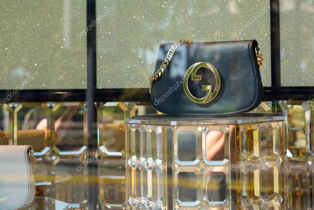 Cannes , paca  France - 06 15 2022 : Gucci store windows handbags luxury leather shop from italian designer