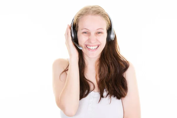 Νεαρή Γυναίκα Στο Τηλεφωνικό Κέντρο Ευτυχής Γελώντας Πελάτης Χέρι Στα — Φωτογραφία Αρχείου