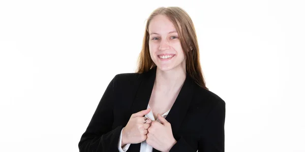 Glimlachende Vrouw Business Suit Kleding Witte Achtergrond — Stockfoto