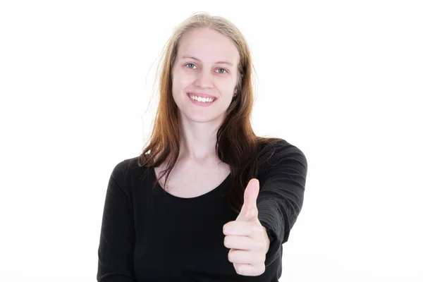 Joven Bastante Feliz Sonriente Mujer Con Los Pulgares Hacia Arriba —  Fotos de Stock