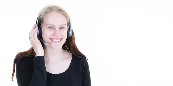 Young Happy Woman Working Call Center Phone Headset Next Empty — Photo