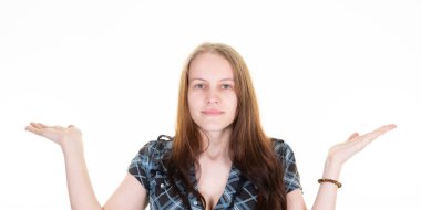 surprised long haired young woman with both hands up on white background