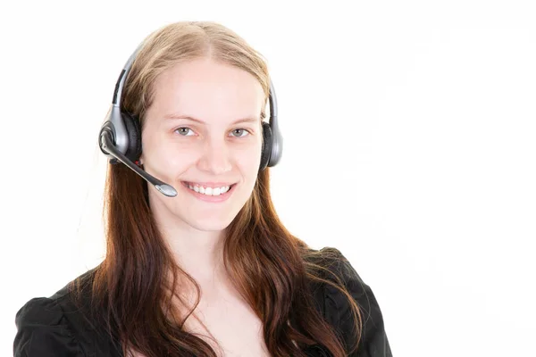 Young Woman Portrait Call Center Advertiser Telephone Headset Smiling Pleasant — Photo