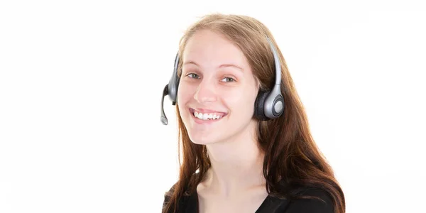 Young Pretty Happy Smiling Woman Works Call Center Phone Her — Photo