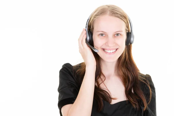 Blonde Woman Beautiful Smile Cheerful Support Phone Operator Headset Isolated — Photo