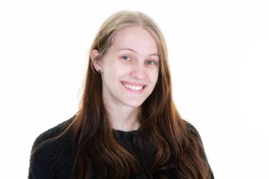 Portrait of cheerful model laughing Pretty young woman blonde girl in good mood in Happiness and beauty concept isolated on white background