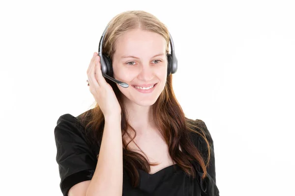 Smiling Charming Woman Operator Headset Taking Calls White Background — Photo