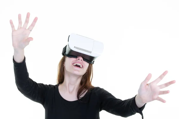 Smiling Woman Headset Device Touching Air Virtual Reality Experience White — Φωτογραφία Αρχείου
