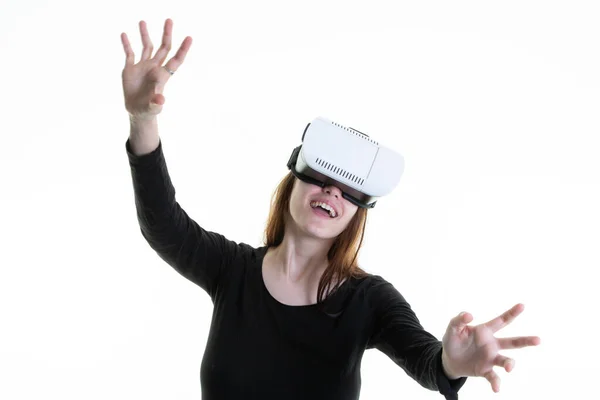 Virtual Reality Futuristic Portrait Fun Woman Exploring Metaverse Headset — Foto Stock