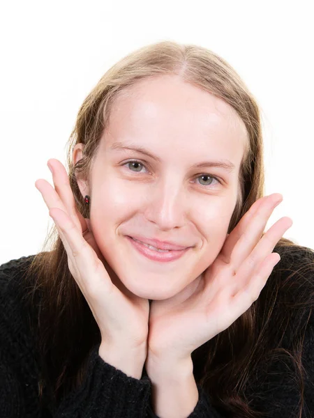 Portrait Young Pretty Positive Girl Smiling Looking Camera Two Palm — Stock Photo, Image