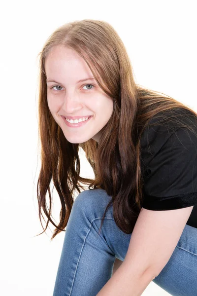 Mulher Jovem Loira Bonita Menina Bonita Estúdio Retrato Camisa Preta — Fotografia de Stock