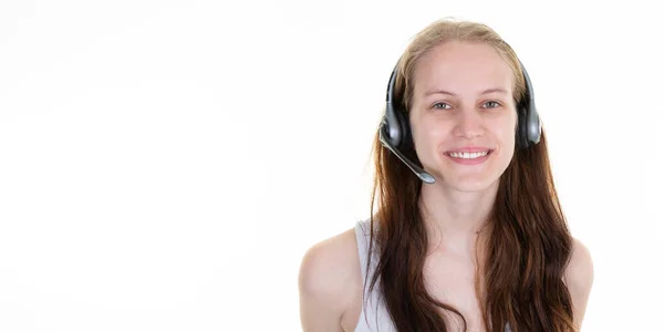 Blonde Call Center Woman Portrait Support Phone Operator Girl Headset — Foto Stock