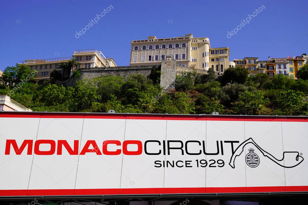 Monte Carlo, Monaco - 07 20 2022 : monaco circuit text sign and brand logo of car formula on race Automobile grand prix