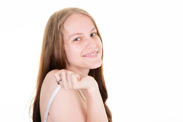 Mosolygós Csinos Fiatal Portré Fehér Háttér Boldog Mosoly Szőke Lány — Stock Fotó