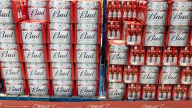 Bordeaux , Aquitaine France - 07 13 2022 : bud king of beers logo sign and text brand of American Budweiser beers pack of stacked beer bottles for sale in store