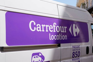 Bordeaux , Aquitaine  France - 07 25 2022 : carrefour location text brand and sign logo on van rental trucks city hypermarket chain