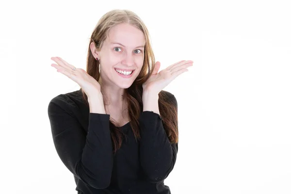 Smiling Woman Blonde Two Both Palm Hand Finger White Background — Fotografia de Stock