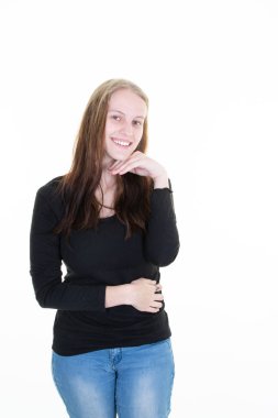 young smiling woman hands in face casual attitude beautiful slim girl