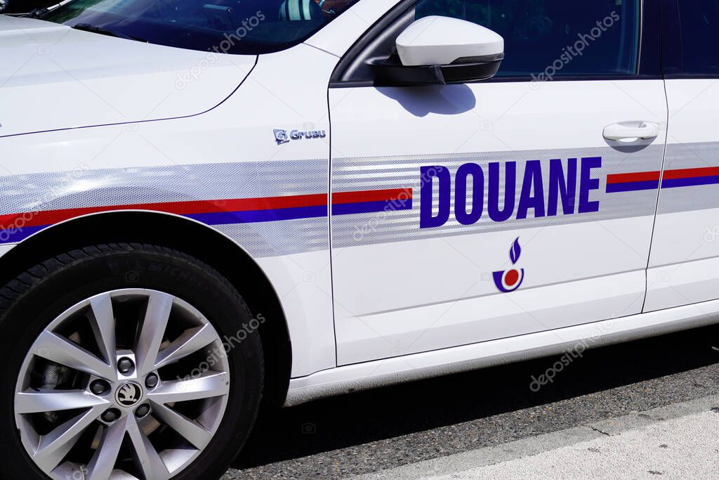Bordeaux , Aquitaine  France - 07 28 2022 : Douane car customs house police with stickers logo sign text on side door