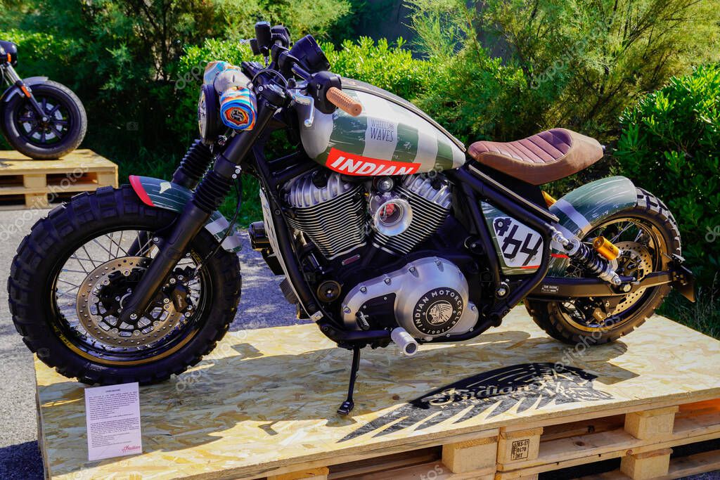 Bordeaux , Aquitaine  France - 07 25 2022 : indian scout wheels and waves custom motorcycle with brand sign text logo