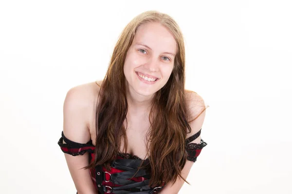 Young Woman Happy Studio Sexy Posing Large Smile White Background —  Fotos de Stock