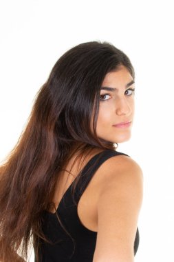 Beautiful young pretty woman portrait Smiling cute girl brunette long hair in studio shot isolated on white background