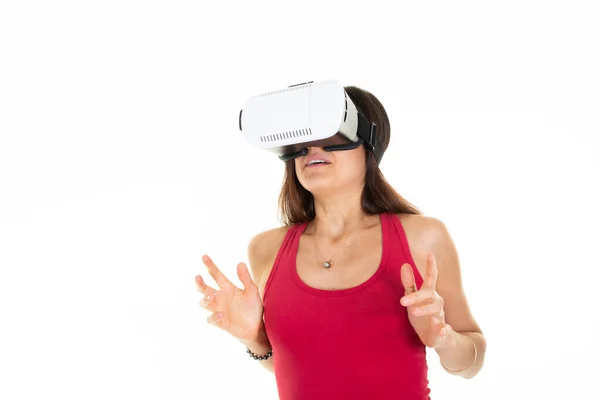 Girl Trying Virtual Reality Goggles Headset Box Positive Modern Woman —  Fotos de Stock