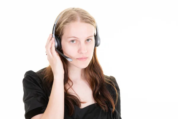 Serious Woman Call Center Cheerful Support Phone Operator Portrait Phone — Photo